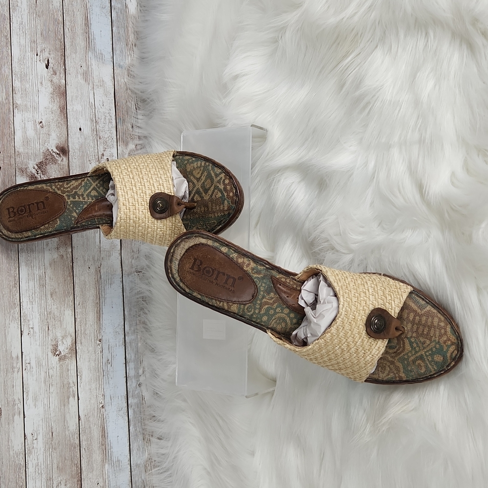 Born, Beige leather straw W62238 wedge platform Thong Sandal Shoes Sz 8/39 - Picture 5 of 7